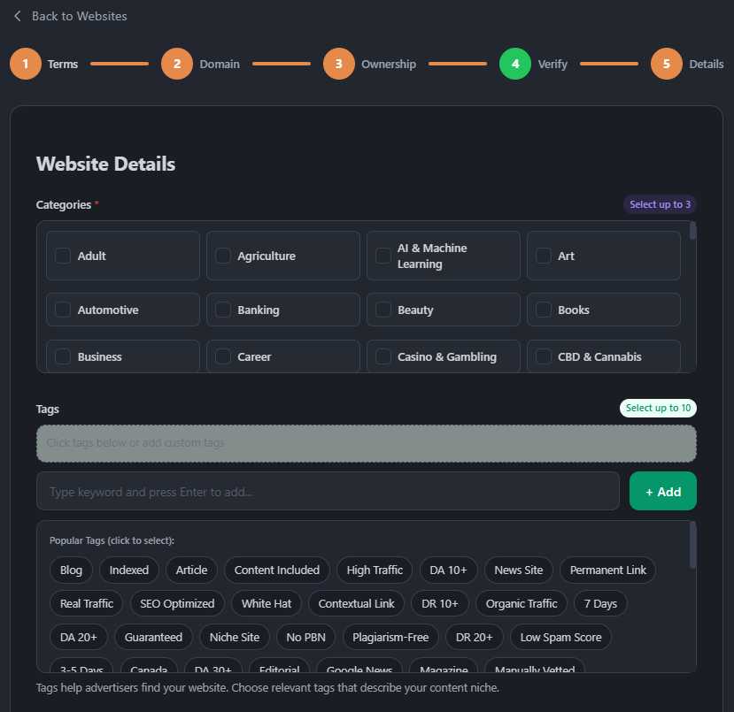 Website Details - Categories & Tags