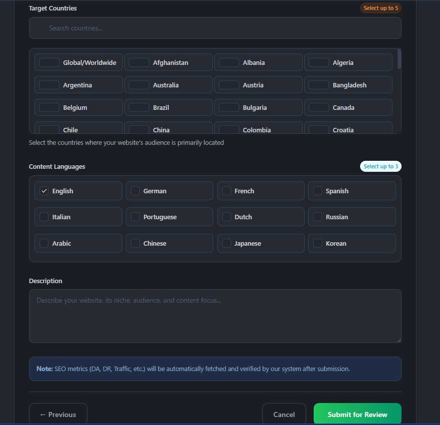 Website Details - Countries & Languages
